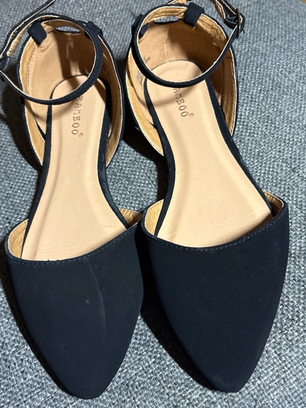 BAMBOO Black Pointed Ankle-Strap Flats with Tan Insole